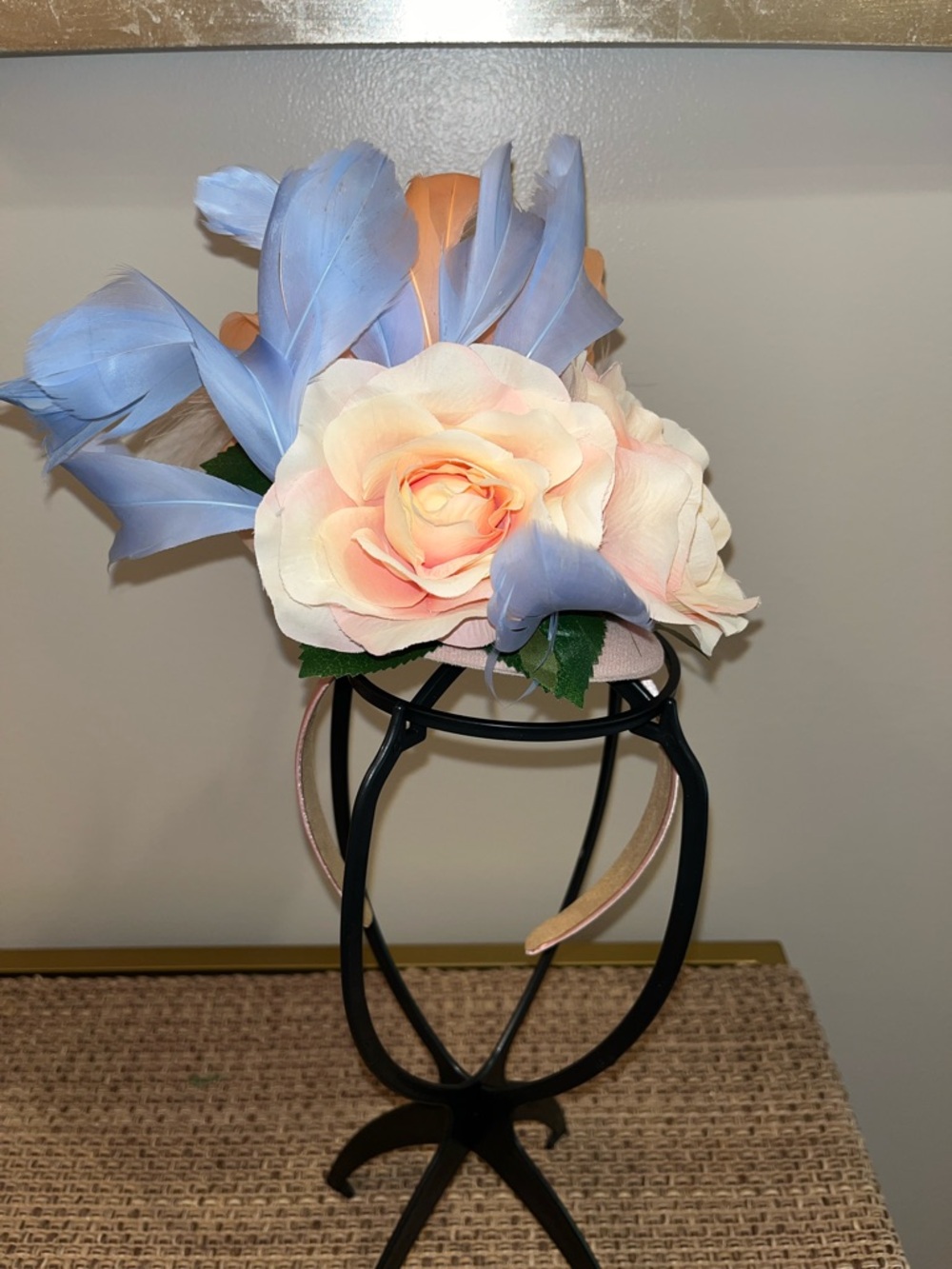 Peach and Light Blue Derby Fascinator on  Headband